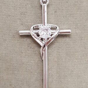 Silver Tone Chain and Cross Pendant with Heart Rhinestone Accent